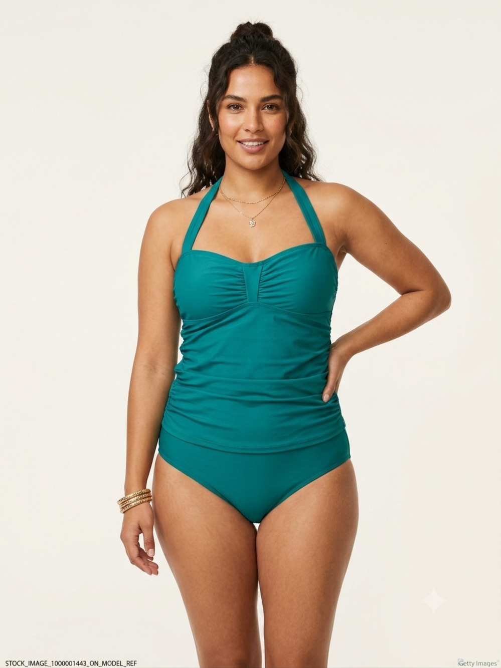 Athleta Women 36 D/ DD Teal Green Ruched Sides Underwire Halter Tankini Top
